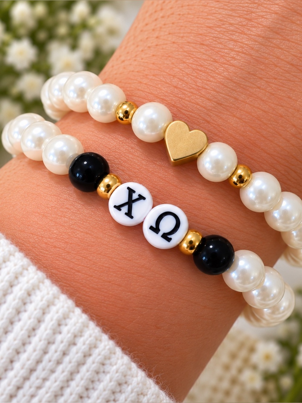 Chi Omega Sorority Bracelet Set – 14K Gold Filled & glass pearl beads 7” NEW